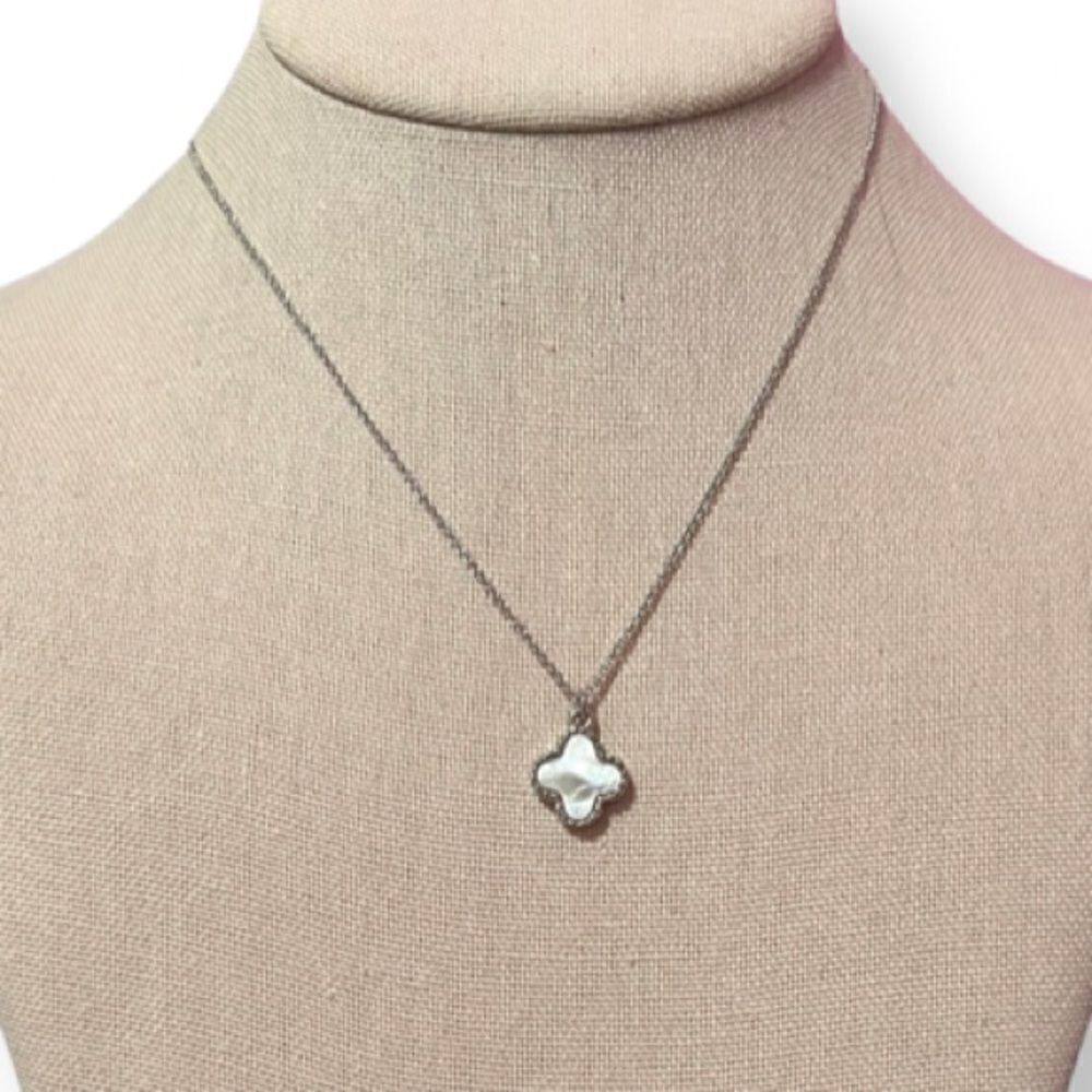 NEW Designer Inspired Alhambra Clover Mother Of Pearl Silver Tone Necklace
